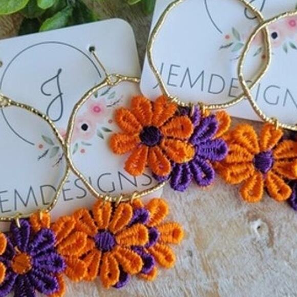 Orange Purple Gold Circle Dangle Earrings - Picture 3 of 5